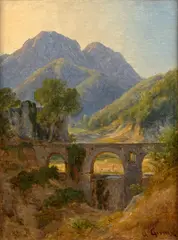 Pont traversant une vallée dans les environs de Rome by André Giroux, Huile sur toile, sold Feb 2025