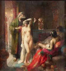 Namouna chez Hassan by Henri Adrien Tanoux, Huile sur toile, marouflée sur carton, sold Feb 2025