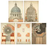 La coupole de Saint-Pierre de Rome : élévation, coupes horizontales et verticales, plan by Antoine Laurent Thomas Vaudoyer, Suite de cinq aquarelles sur trait de plume et encre de Chine, sold Mar 2025