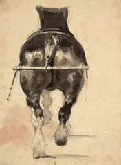 Recto : Cheval de trait londonien avec son harnais vu par la croupe Verso : Personnages londoniens : un balayeur, un homme et un enfant by Théodore Géricault, Aquarelle sur traits de crayon noir, sold Mar 2025