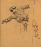 Jeune homme perché dans un arbre by Isidore Pils, Fusain, sanguine et rehauts de blanc sur calque, sold Mar 2025