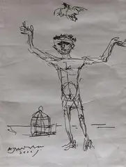 Untitled by Shyamal Dutta Ray, Felt tip pen on paper, sold Dec 2022
