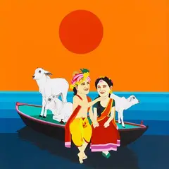 Krishna sailing on the River by Farhad Hussain, Acrylic on canvas, sold May 2022