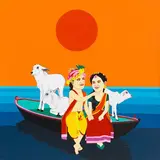 Krishna sailing on the River by Farhad Hussain, Acrylic on canvas, sold May 2022