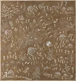 Untitled (Warli Painting) by Sadashiv Mashe, Cow dung and acrylic on canvas, sold May 2022
