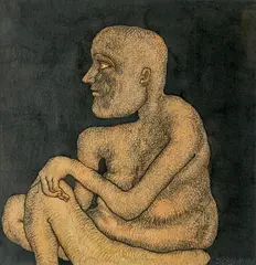 Untitled (Seated Man) by Jogen Chowdhury, Ink and pastel on paper, sold Mar 2026