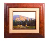 A Warm Lodge by Mark Geller, Oil on masonite, sold Oct 2026