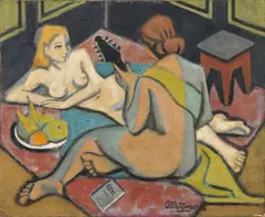 Deux nus à la guitare et assiette de fruits by Jean Metzinger, circa 1945, Huile sur toile, sold Apr 2025