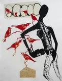 Sabari with her Birds by Atul Dodiya, 4-colour lithograph and Chiri Bark paper collage on handmade STPI cotton and linen paper, sold Jun 2022