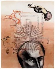 Epicentre by Anju Dodiya, Watercolour and charcoal on hand colored screen print on pigment stained STPI cotton paper with fabric inclusions, sold Jun 2022