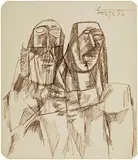 Untitled (Couple) by F. N. Souza, Pen and ink on paper pasted on paper, sold Dec 2022