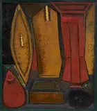 Untitled (Still Life with Juxtaposed Forms) by F. N. Souza, 1952, Oil on board, sold Dec 2022