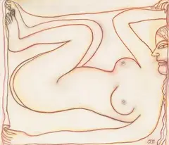 Woman (Inside Her Quilt) by Jogen Chowdhury, 1999, Acrylic and pastel on canvas, sold Dec 2022