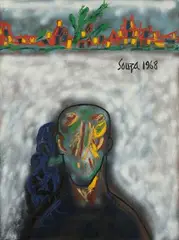 The Man from After by F. N. Souza, 1968, Oil, acrylic and spray paint on Masonite, sold Dec 2022