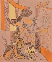 Untitled by K. G. Subramanyan, 2008, Gouache on handmade paper, sold Dec 2022