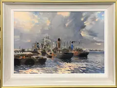 Untitled by Gordon Hales, oil on board port scene dated 1979, sold Apr 2023