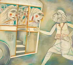 Man Trying to Hop into a "Ladies' Special by Paritosh Sen, 1991, Acrylic on canvas, sold Mar 2026