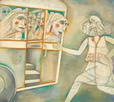Man Trying to Hop into a "Ladies' Special by Paritosh Sen, 1991, Acrylic on canvas, sold Mar 2026