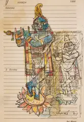 Krishna by Ganesh Pyne, Ink and pastel on printed diary paper, sold May 2026