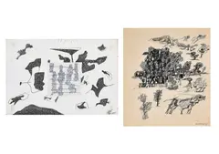 A Pair of Untitled Drawings by Himmat Shah, Ink and collage on paper laid on paper; pencil and ink on paper, sold May 2026
