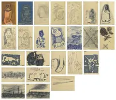 A Collection of Twenty-Four Works by M. F. Husain, Mixed media on postcard, sold Jul 2021