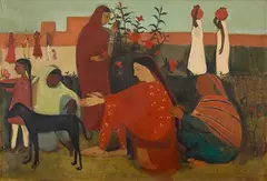 In the Ladies' Enclosure by Amrita Sher-Gil, 1938, Oil on canvas, sold Jul 2021