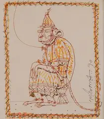 Hanuman by Ganesh Pyne, Coloured Ink on paper, sold Jul 2021