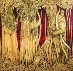 Bhishma with Arjun by Ompal Sansanwal, Acrylic, pen and ink on canvas, sold May 2021