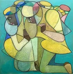 Couple by Neeraj Goswami, Acrylic on acid free paper pasted on metallic board, sold May 2021