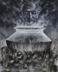 Untitled by Sudhanshu Sutar, Acrylic and printed paper on canvas board, sold May 2021