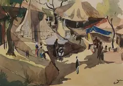 Untitled (Huts and People) by Hari Ambadas Gade, Watercolour on paper, sold Oct 2021