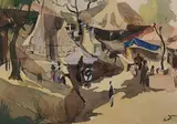 Untitled (Huts and People) by Hari Ambadas Gade, Watercolour on paper, sold Oct 2021