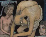Situation `A` by Jogen Chowdhury, Ink and pastel on paper pasted on mount board, sold Oct 2021
