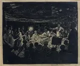 Tebhaga Movement - At The Night Meeting by Somnath Hore, 1955, Woodcut on paper pasted on board, sold Apr 2021