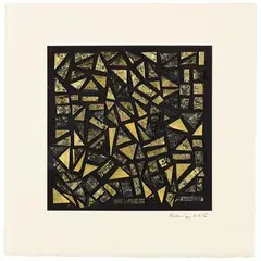Untitled by Zarina, 2015, Collage with BFK light paper printed with black ink and 22 karat gold leaf on Arches cover buff paper, sold Jul 2021