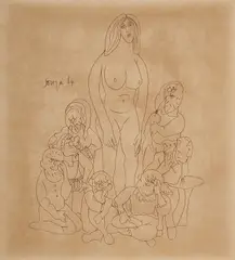 Untitled (Snow White and the Seven Dwarves) by F. N. Souza, Ink on paper, sold Jul 2026