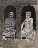 Friends in Need by Jogen Chowdhury, 2011, Pen and ink on paper pasted on mount board, sold Dec 2020