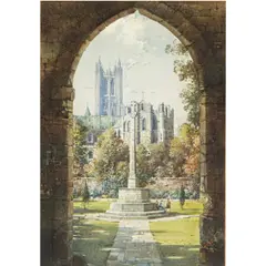 Canterbury Cathedral and War Memorial by Noel Leaver, watercolor, sold Feb 2026