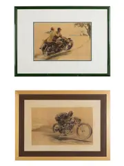 Couple à moto et motard en vitesse by Géo Ham, Two lithographs signed. Framed, offered Feb 2025