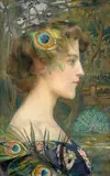 Profil au paon by Edgar Maxence, Pastel gouaché et rehaussé d’une mixtion d’argent sur papier marouflé sur toile, sold Feb 2025