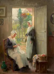 Deux femmes de chambre dans l’encadrement d’une porte by Henri Adrien Tanoux, Huile sur toile (Toile d’origine), sold Feb 2025