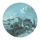 Sortie du troupeau devant San Bonaventura à Rome by Louis-Pierre Baltard, Plume et encre brune, lavis gris et rehauts de blanc sur papier bleu, de forme ronde, sold Sep 2025
