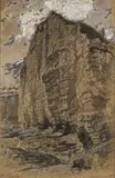 Falaise à Yport, Normandie by Alphonse de Neuville, Crayon noir, lavis brun et rehauts de blanc, sold Sep 2025