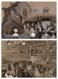 Jour de vernissage au Grand Palais, Paris et Le Bal au Moulin Rouge by Xavier Gosé, Paire de dessins à la plume, encre de Chine, lavis gris et rehauts de gouache blanche sur traits de crayon, sold Sep 2025