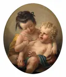 Le repas du petit frère by Louis Gabriel Blanchet, Huile sur toile, de forme ovale, sold Sep 2025