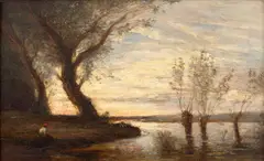 Pêcheurs au bord de l'Oise by Charles-François Daubigny, Huile sur panneau, une planche, sold Sep 2025