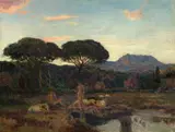 Paysage idyllique avec bergers et leur troupeau by Émile-René Ménard, Huile sur carton, sold Sep 2025