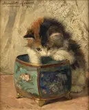 Chaton jouant dans un cache-pot by Henriëtte Ronner-Knip, Huile sur panneau, une planche, sold Sep 2025