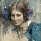 Portrait de jeune fille à la robe bleue by Edgar Maxence, Aquarelle, fusain et rehauts de craie blanche sur traits de crayon noir, sold Sep 2025