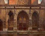 Le portail de l'église Saint Germain l'Auxerrois, Paris by Auguste Leroux, Huile sur toile (Toile d'origine), sold Sep 2025